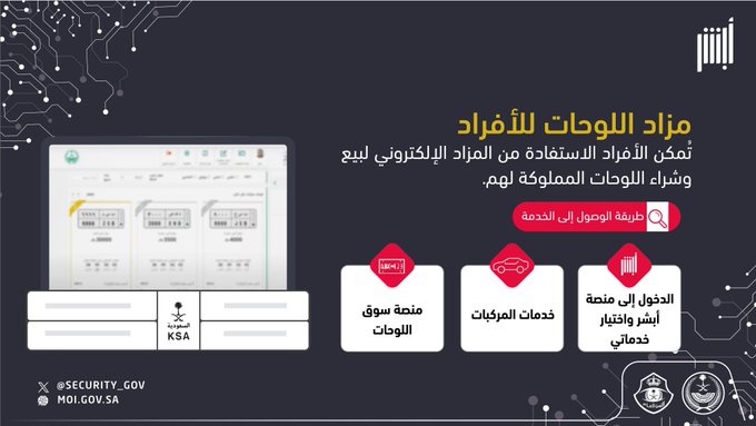 الأمن العام يعرض خدمتي مزاد اللوحات للأفراد ونقلها بين المركبات عبر “أبشر”