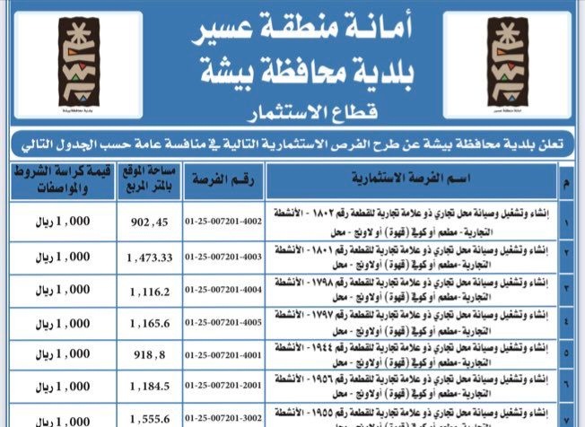 بلدية بيشة تطرح 16 فرصة استثمارية متنوعة بمواقع متعددة 