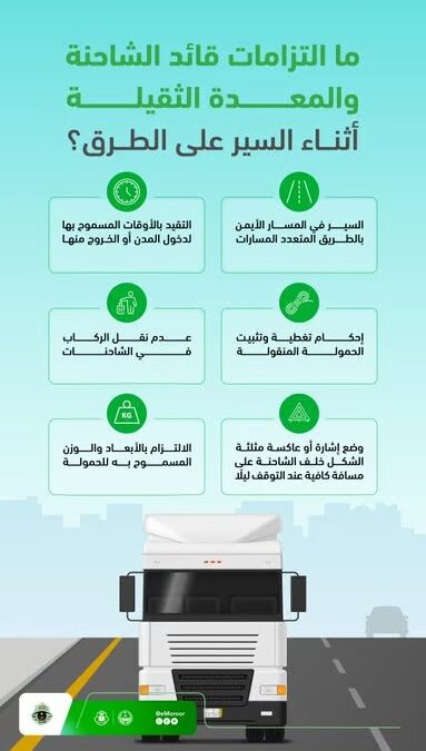 المرور يُلزم قائدي الشاحنات بـ 6 ضوابط للسلامة على الطرق